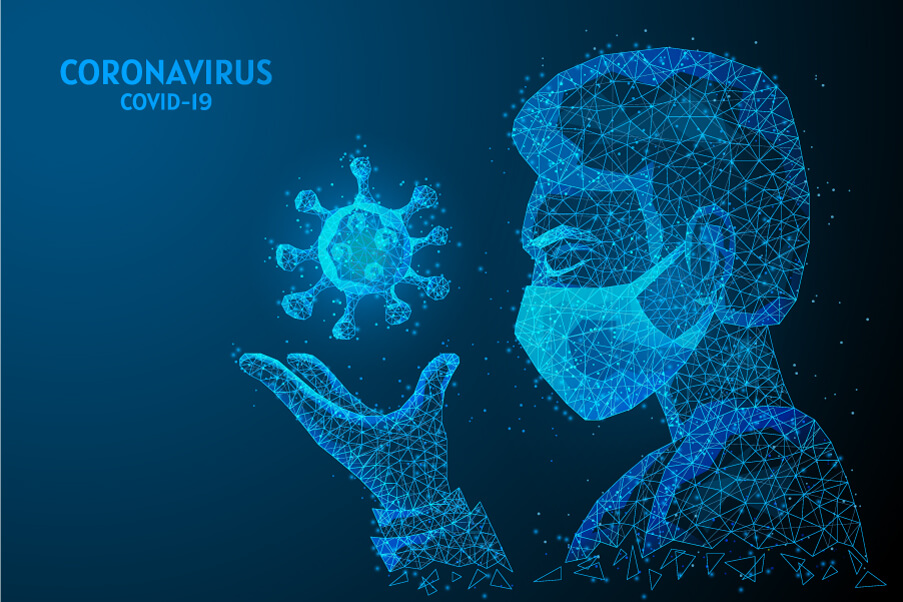 Um homem com uma máscara médica tem um vírus na mão. covid-19 conceito de coronavírus, pandemia infecciosa, tecnologia médica inovadora. ilustração de estrutura de arame.